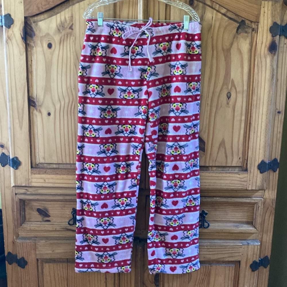 Women Pink Panther pink red fleece lounge pajama pants size L